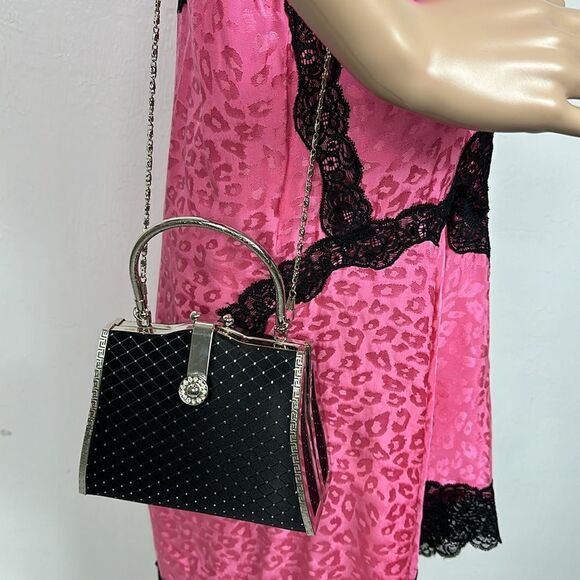 Black Evening Satin Rhinestones Beaded Purse With Chain - Picture 12 of 12